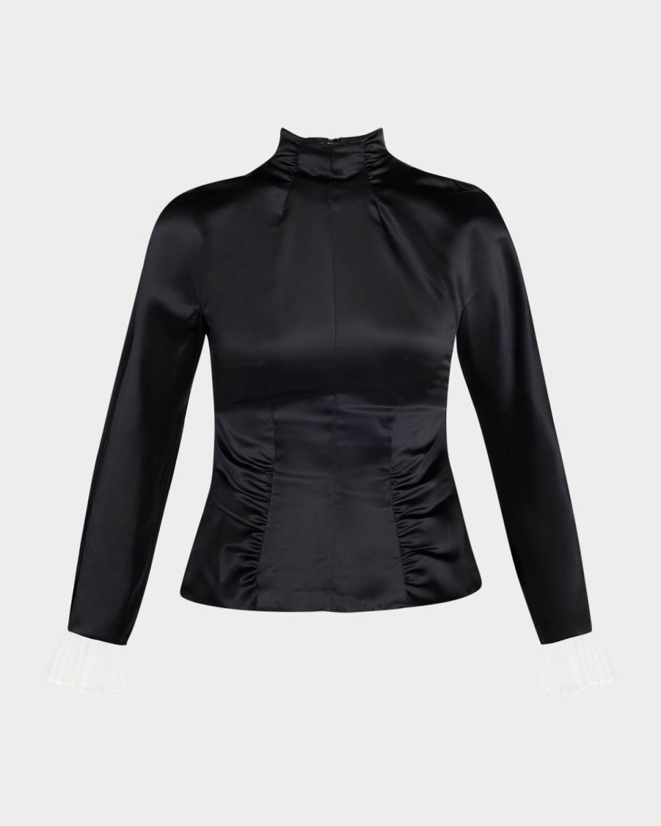 Ruched Satin Long-Sleeve Top